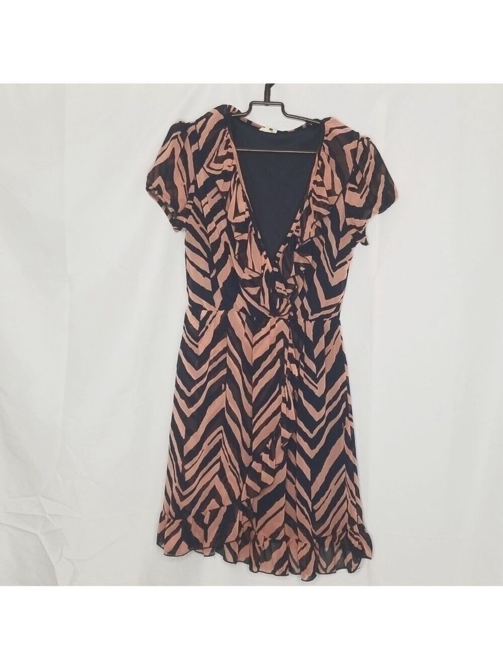 Needle & Thread Pink and Navy Zebra Print V Neck A-Line Dress with Ruffles Sz: L